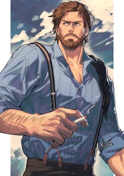 Rule 34 | absurdres, arm hair, arthur morgan, artist name, bara, beard, blue background, blue eyes, blue shirt, brown hair, cigarette, cloud, cloudy sky, cowboy, cowboy western, facial hair, full beard, highres, holding, holding cigarette, looking to the side, male focus, manly, mature male, muscular, mustache, neck, non-web source, red dead redemption (series), red dead redemption 2, rovrov, shirt, signature, sky, smoke, solo focus, suspenders, twitter username, western