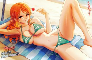 1girl 2026 adapted_costume arm_behind_head artist_name back-tie_bikini bare_legs bare_shoulders barefoot beach beach_towel bikini breast_press breasts candy cleavage closed_mouth collarbone commentary english_commentary feet_out_of_frame food green_bikini halterneck hand_in_own_hair highres holding holding_candy holding_food holding_lollipop knee_up large_breasts lollipop long_hair looking_at_viewer lying midniteblueart nami_(one_piece) nami_(one_piece)_(return_to_sabaody) navel ocean on_back on_side one_piece orange_eyes orange_hair outdoors sand side-tie_bikini_bottom signature smile solo stomach swimsuit towel water wavy_hair