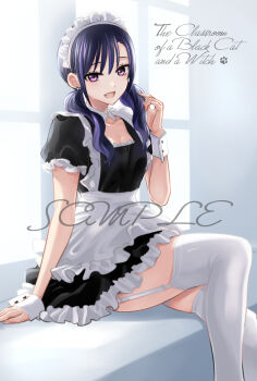 Rule 34 | 1girl, apron, aria aquarius, black dress, breasts, cleavage, commentary request, copyright name, dress, english text, fang, frilled apron, frilled dress, frills, garter straps, hair over shoulder, hand up, highres, indoors, kuroneko to majo no kyoushitsu, long hair, looking at viewer, low twintails, maid, maid headdress, multicolored hair, natsupa, puffy short sleeves, puffy sleeves, purple eyes, purple hair, sample watermark, short sleeves, sitting, small breasts, solo, streaked hair, thighhighs, twintails, watermark, white apron, white thighhighs, window, wrist cuffs