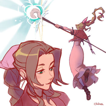 1girl aerith_gainsborough artist_name bangle black_choker boots bracelet braid braided_ponytail brown_boots brown_hair choker cropped_jacket dress facing_away facing_viewer fighting_stance final_fantasy final_fantasy_vii final_fantasy_vii_rebirth final_fantasy_vii_remake from_behind full_body green_eyes hair_ribbon highres holding holding_staff jacket jewelry light_blush light_smile long_dress long_hair magic multiple_views okha parted_bangs pink_dress pink_ribbon red_jacket ribbon short_sleeves sidelocks single_braid solo staff upper_body white_background