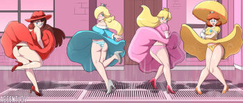 Rule 34 | 4girls, ass, assentlov, blonde hair, blue dress, blue eyes, blush, breasts, brown hair, clothes lift, crown, dress, dress flip, dress lift, earrings, embarrassed, flower earrings, full body, gloves, hair over one eye, hat, high heels, jewelry, legs, long hair, mario (series), multiple girls, nintendo, orange dress, panties, pauline (mario), pink dress, princess daisy, princess peach, red dress, rosalina, shiny skin, striped clothes, striped panties, super mario bros. 1, super mario galaxy, super mario land, super mario odyssey, thong, umbrella, underwear, upskirt, wardrobe malfunction, wind