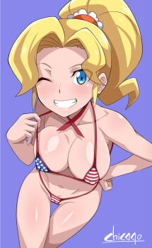 1girl american_flag american_flag_bikini american_flag_print bikini blonde_hair blue_eyes breasts chicago-x cleavage covered_erect_nipples digimon digimon_universe:_appli_monsters female_focus flag_print flag_print_bikini hand_on_own_hip highres kibayashi_erena looking_at_viewer one_eye_closed ponytail print_bikini smile solo swimsuit wink