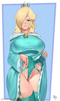 1girl absurdres annoyed aqua_dress between_labia blonde_hair blue_eyes breasts brooch clothes_lift crown dress dress_lift earrings female_pubic_hair frontal_wedgie garter_belt garter_straps hair_over_one_eye highres huge_breasts jewelry mario_(series) nintendo off-shoulder_dress off_shoulder panties panty_pull pubic_hair pubic_hair_peek rosalina silver_crown solo star_(symbol) star_brooch star_earrings super_mario_galaxy takoshi thighhighs underwear wedgie