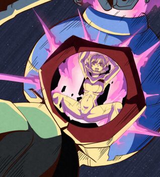 1girl anus_visible_through_clothes ball_(gundam) crying crying_with_eyes_open cunt_punt defeat defeated_villainess dying explosion female_focus freckles gundam gundam_00 helmet imminent_death legs_apart nena_trinity nipples_visible_through_shirt peeing peeing_self peril ryona solo spread_legs tears view_between_legs