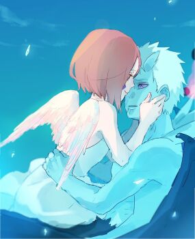 1boy 1girl angel_wings brown_hair hand_on_another's_face horn hug meitarou naruto_(series) naruto_shippuuden nohara_rin rinnegan short_hair sitting smile spiked_hair uchiha_obito uchiha_obito_(juubi_jinchuriki) white_hair wings