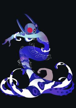 1girl alternate_costume alternate_species androgynous black_background blue_dress blue_skin circle_facial_mark colored_skin commentary dress facial_mark forehead_mark gradient_skin hand_on_own_arm highres humanoid_robot iterator_(rain_world) looking_at_viewer looks_to_the_moon mermaid monster_girl no_mouth one_eye_closed pearl_belt rain_world robot robot_ears scylla sitting sy_mola symbol-only_commentary tentacles