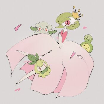 animal_focus blush budew cottonee crown falling_petals gardevoir gen_3_pokemon gen_4_pokemon gen_5_pokemon grey_background hand_up highres mega_gardevoir mega_pokemon n29670007 nintendo no_feet no_humans petals petilil pink_eyes pokemon pokemon_(creature)