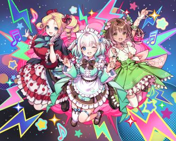3girls :d absurdres ahoge aqua_dress aqua_hair black_shoes blonde_hair blue_eyes breasts brown_dress brown_eyes brown_hair commentary dark-skinned_female dark_skin densetsu.exe dress english_commentary full_body gradient_hair green_eyes highres kink_(tortoiseshell) large_breasts long_sleeves looking_at_viewer medium_hair mint_fantome multicolored_hair multiple_girls open_mouth phoebe_chan pink_hair polka_dot polka_dot_dress red_dress second-party_source shoes short_dress short_sleeves smile teeth upper_teeth_only victoria_roman virtual_youtuber white_hair