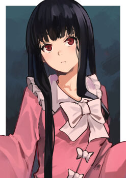 1girl black_background black_hair bow bowtie breasts closed_mouth commentary contrast_collar daweykun frilled_shirt_collar frills frown highres houraisan_kaguya long_hair long_sidelocks long_sleeves looking_at_viewer outside_border pink_shirt red_eyes shirt sidelocks small_breasts solo straight_hair touhou upper_body white_background white_bow white_bowtie