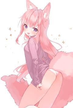 1girl animal_ears ass blush bottomless breasts commentary_request fox_ears fox_tail highres long_hair looking_at_viewer looking_back mutou_mato open_mouth original panties pink_hair purple_eyes small_breasts smile solo sparkle sweater tail underwear very_long_hair white_panties