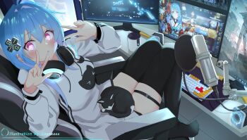 >_< 3girls absurdres ahoge alternate_costume animal animal_on_lap architecture arm_rest arms_up artist_name azur_lane black_cat black_gloves black_legwear blue_butterfly blue_eyes blue_hair blush bow bug building butterfly cable cat cat_on_lap cat_symbol chair coffee_mug collar commentary computer computer_keyboard computer_tower cross cup desk double_w east_asian_architecture english_text eyebrows eyelashes feet_on_chair floor flower glove_bow gloves hair_flower hair_ornament hands_up headphones headphones_around_neck helena_(azur_lane) helena_(new_year's_bluebird)_(azur_lane) highres hood hood_down hoodie illumination insect iron_cross japanese_clothes kimino kimono knees_up light light_rays lights long_hair long_hoodie long_sleeves looking_at_viewer lying manjuu_(azur_lane) microphone monitor mousepad_(object) mug multicolored_hair multicolored_kimono multiple_girls multiple_monitors obi office_chair on_lap open_mouth outdoors parted_lips pink_eyes pink_hair playing_games purple_eyes red_bow saratoga_(azur_lane) sash shrine sidelocks sitting sleeping sleeping_on_person smile snow speaker stairs stone_lantern streamers studio_microphone swivel_chair symbol-only_commentary tail text_background thigh_strap thighhighs thighs two-tone_hair u-110_(azur_lane) vayneeeee w white_cat white_hair white_hoodie wide-eyed wide_sleeves
