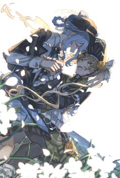 2girls backlighting black_capelet black_hat blonde_hair blue_hair blue_skirt bonnet braid braided_hair_rings capelet closed_eyes commentary_request deerstalker dress dutch_angle feet_out_of_frame floating_hair flower frilled_sleeves frills green_dress green_eyes hair_rings hat highres holding_hands lolita_fashion long_hair looking_at_another mahou_shoujo_no_majo_saiban multiple_girls natch open_mouth rose short_hair simple_background single_leg_pantyhose skirt smile tachibana_sherry tono_hanna twintails white_background yellow_flower yellow_rose