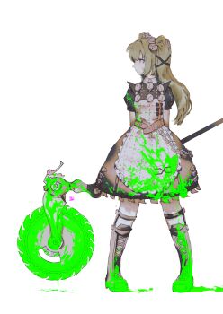 1girl absurdres apron belt black_boots blood blood_on_clothes blood_on_shoes bloody_weapon boots chain circular_saw commentary corin_wickes english_commentary full_body green_blood green_hair hfsean2 highres holding holding_weapon knee_boots long_hair looking_to_the_side maid maid_apron maid_headdress puffy_short_sleeves puffy_sleeves saw short_sleeves simple_background solo sweatdrop twintails weapon white_background zenless_zone_zero