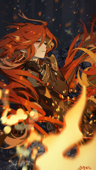 Rule 34 | 1girl, absurdres, ai dongdong, biker clothes, bikesuit, black bodysuit, black gloves, blonde hair, bodysuit, earrings, floating hair, genshin impact, gloves, hair between eyes, highres, jewelry, long hair, long sleeves, looking to the side, mavuika (genshin impact), multicolored hair, parted lips, red eyes, red hair, signature, smile, solo, sun earrings