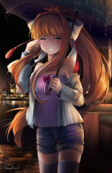1girl absurdres bow brown_hair casual chemise commentary confession cropped crying doki_doki_literature_club english_commentary hair_bow hair_intakes happy_tears highres long_hair making-of_available merchandise_available monika_(doki_doki_literature_club) night off_shoulder official_art one_eye_closed rain second-party_source shorts smile solo takuyarawr tears thighhighs umbrella