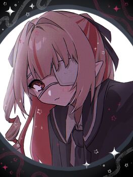 Rule 34 | 1girl, backlighting, black ribbon, blazer, bloom, blue jacket, blue necktie, blue sailor collar, blush, closed mouth, collared shirt, colored inner hair, commentary request, dithering, drill hair, eyepatch, from side, grey hair, hair intakes, hair ribbon, highres, jacket, lapels, leaning forward, long hair, looking at viewer, makaino ririmu, medical eyepatch, monitoring (vocaloid), multicolored hair, nagira07, necktie, nijisanji, notched lapels, official alternate costume, official alternate hairstyle, open clothes, open jacket, pink hair, pink streaks, pointy ears, pov peephole, red eyes, ribbon, sailor collar, school uniform, shirt, sidelocks, solo, sparkle, star (symbol), streaked hair, two-tone hair, two side up, upper body, virtual youtuber, white shirt