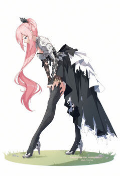 1girl absurdres armor black_boots black_dress blue_eyes boobplate boots braid breastplate commentary commission dress from_side high_heel_boots high_heels highres long_hair pink_hair ponytail saiivia shionne_(tales) shoulder_armor simple_background solo standing tales_of_(series) tales_of_arise thigh_boots white_background