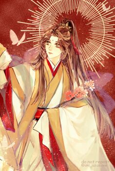 1boy aki_uzuzame bindi bishounen branch brown_hair bug butterfly chinese_clothes closed_mouth commentary_request flower gold_trim green_eyes hagoromo hair_ornament half_updo halo hanfu high_ponytail highres holding holding_branch holding_flower insect light_particles long_hair long_sleeves looking_to_the_side male_focus official_alternate_costume official_alternate_hairstyle ornate_clothes pink_flower ponytail red_background red_sash sash shawl solo tassel tassel_hair_ornament tianguan_cifu twitter_username very_long_hair white_butterfly white_hanfu wide_sleeves xiao_guan_(headdress) xie_lian xie_lian_(flower_crowned_martial_god)