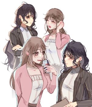 2girls :d ^_^ arm_behind_back black_hair black_jacket blush brown_hair camisole can cardigan closed_eyes closed_mouth collarbone collared_shirt commentary crossed_arms dress_shirt drink_can english_commentary female_trainer_(umamusume) highres holding holding_can jacket kashimoto_riko long_hair looking_at_another looking_at_viewer mole mole_on_cheek multiple_girls multiple_views open_cardigan open_clothes open_jacket open_mouth original pink_cardigan pink_eyes pinstripe_jacket pinstripe_pattern red_bull shirt simple_background smile sweatdrop tachyuri trainer_(umamusume) umamusume very_long_hair white_background white_camisole white_shirt