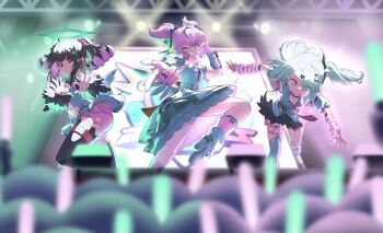 3girls absurdres angels_of_delusion aria_(zenless_zone_zero) arm_warmers black_hair black_thighhighs bow breasts closed_mouth commentary dress foreshortening green_hair green_halo grin hair_bow halo heart heart_hands highres idol jewelry maru039 multicolored_hair multiple_girls nangong_yu necktie one_eye_closed parted_lips pink_arm_warmers pink_hair pointing pointing_at_viewer quad_tails red_eyes red_necktie ring small_breasts smile striped_arm_warmers sunna_(zenless_zone_zero) thighhighs twintails white_dress zenless_zone_zero