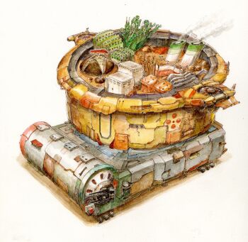 acrylic_paint_(medium) aircraft ballpoint_pen_(medium) cannon food highres hotpot mechanization nabe no_humans original painting_(medium) pen_(medium) simple_background smoke smokestack tagme traditional_media tsuboi_hajime vehicle_focus watercolor_(medium) white_background