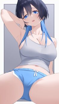 Rule 34 | 1girl, absurdres, arm up, bad ears, black hair, blue eyes, blue hair, blue shorts, breasts, dolphin shorts, grey tank top, highres, hololive, hololive english, large breasts, long hair, mahiruuu, multicolored hair, navel, open mouth, ouro kronii, short shorts, shorts, solo, tank top, two-tone hair, virtual youtuber