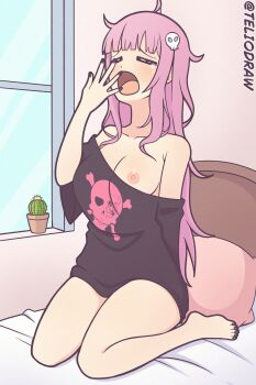 1girl absurdres barefoot bed black_nails black_shirt blush bottomless breasts cactus feet female_focus hair_ornament hand_to_own_mouth highres hololive hololive_english indoors long_hair medium_breasts messy_hair mori_calliope nail_polish naked_shirt nipples no_bra off_shoulder on_bed one_breast_out open_mouth pink_hair self-upload shirt sitting skull_hair_ornament solo tears teliodraw toenail_polish toenails toes very_long_hair virtual_youtuber window yawning