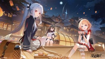 3girls :3 ^_^ ahoge almond architecture asymmetrical_legwear backless_jacket bag black_gloves black_hair black_jacket blue_eyes boat braid breasts brown_bag brown_thighhighs cashew chinese_commentary closed_eyes commentary_request crown_braid donna_(stella_sora) dress east_asian_architecture envelope fingerless_gloves flower food_request freesia_(stella_sora) frilled_dress frills full_moon gloves goggles goggles_on_head grey_hair grey_skirt hair_ornament hairclip heterochromatic_eyewear highres holding holding_envelope holding_flower jacket kexue lantern long_hair long_sidelocks long_sleeves medium_breasts messenger_bag miniskirt mismatched_legwear monolith_(object) moon mooncake multiple_girls night nut_(food) official_art on_boat orange_hair outdoors panties paper_lantern parallel_hairclips pinstripe_pattern pinstripe_shirt pleated_skirt ponytail post_haste_(stella_sora) red_dress red_eyes red_shirt shirt short_dress short_hair shoulder_bag sidelocks sitting skirt sky sleeveless sleeveless_dress socks stella_sora striped_clothes striped_thighhighs teresa_(stella_sora) thigh_strap thighhighs tied_shirt tinted_eyewear underwear uneven_legwear untucked_shirt very_long_hair watercraft white_panties white_shirt white_socks