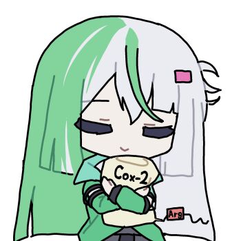 Rule 34 | 1girl, alpha transparency, arm cutout, blunt ends, blunt sidelocks, breast pocket, celecoxib (phonetik), chemical structure, chibi, chibi only, chinese text, choppy bangs, closed eyes, clothing cutout, commentary, english commentary, english text, green hair, green jacket, hair ornament, highres, holding, hugging object, jacket, lapels, long hair, long sleeves, multicolored hair, notched lapels, original, partially unbuttoned, personification, phonetik, pocket, shirt, short side ponytail, sidelocks, simple background, sleeveless, sleeveless shirt, smile, solo, split-color hair, straight hair, transparent background, two-tone hair, upper body, white hair, white shirt, wing collar