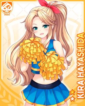 1girl blonde_hair blue_shirt blue_skirt bow card_(medium) character_name cheerleader crop_top girlfriend_(kari) green_eyes hayashida_kira holding holding_pom_poms long_hair looking_at_viewer miniskirt navel official_art pleated_skirt pom_pom_(cheerleading) pom_poms qp:flapper red_bow shirt skirt sleeveless solo standing straight-on thighs yellow_background