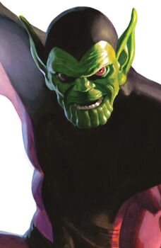 1boy absurdres alex_ross black_bodysuit bodysuit colored_skin comic_cover cover cover_page green_skin highres looking_at_viewer male_focus marvel multicolored_bodysuit official_art open_mouth pointy_ears purple_bodysuit realistic red_eyes skrull solo super-skrull teeth upper_body western_comics_(style) white_background widow's_peak wrinkled_skin