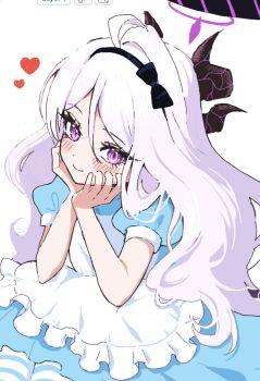 1girl ahoge alice_(alice_in_wonderland) alice_(alice_in_wonderland)_(cosplay) alice's_adventures_in_wonderland apron black_bow black_hairband black_halo black_horns blue_archive blue_dress blush bow closed_mouth commentary_request cosplay cowboy_shot demon_girl demon_horns dress eyelashes frilled_apron frills hair_between_eyes hair_bow hairband halo hands_on_own_cheeks hands_on_own_face happy heart highres hina_(blue_archive) horns long_hair pineap000 puffy_short_sleeves puffy_sleeves purple_eyes short_sleeves simple_background single_hair_intake sitting slit_pupils smile solo very_long_hair white_apron white_background white_hair