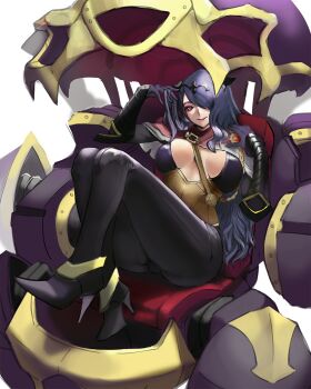 Rule 34 | 1girl, alternate costume, ass, between breasts, breasts, cameltoe, camilla (fire emblem), cleavage, fire emblem, fire emblem fates, fire emblem heroes, gluteal fold, hair over one eye, high heels, large breasts, long hair, mecha, nintendo, one eye covered, playing with own hair, purple eyes, purple hair, robot, simple background, sitting, solo, strap between breasts, tiara, wavy hair, wizard898