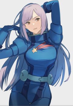 1girl aeug blue_bodysuit blush bodysuit breasts brown_eyes cowboy_shot earrings gundam gundam_zz highres jewelry kasumi_(skchkko) long_hair looking_at_viewer mecha_pilot_suit medium_breasts normal_suit_(gundam) open_mouth puch purple_hair roux_louka science_fiction smile solo star_(symbol) star_print white_background