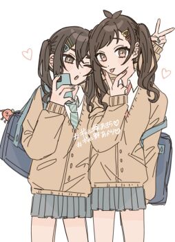 Rule 34 | 2girls, :p, alternate hairstyle, antenna hair, arm up, bag, brown eyes, brown hair, cellphone, closed mouth, collared shirt, cowboy shot, green necktie, hair ornament, hairclip, hamuchosu, hand up, heart, heart attack, highres, holding, holding phone, idolmaster, idolmaster cinderella girls, long sleeves, medium hair, miniskirt, multiple girls, necktie, one eye closed, open mouth, phone, school bag, selfie, shirt, skirt, smartphone, sunazuka akira, tongue, tongue out, tsujino akari, twintails, v, v over mouth, white background, white shirt