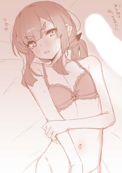 1girl akari_(raigou) black_bra black_hair blush bra breasts elf fang greyscale highres lace_trim monochrome open_mouth original pointy_ears ponytail raigou sepia sidelocks skin_fang small_breasts thick_eyebrows underwear