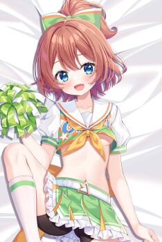 Rule 34 | 1girl, :d, absurdres, arm at side, bike shorts, bike shorts under skirt, blue eyes, blush, bow, breasts, brown hair, cheerleader, commentary request, cowboy shot, crop top, cropped shirt, double-parted bangs, fang, frilled skirt, frills, green bow, green skirt, hair bow, hand up, highres, hinata chinatsu, holding, holding pom poms, kazekami chino, kneehighs, leg up, looking at viewer, lying, miniskirt, multicolored bow, multicolored shirt, navel, neckerchief, no bra, on back, on bed, ongeki, open mouth, pom pom (cheerleading), pom poms, ponytail, print shirt, sailor collar, shirt, short hair, short sleeves, skirt, small breasts, smile, socks, solo, stomach, white sailor collar, white socks, yellow neckerchief