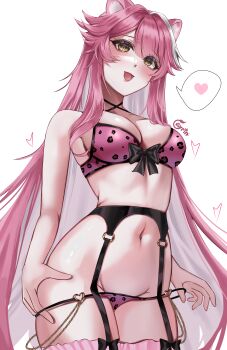 1girl absurdres animal_ears animal_print artist_name ayrinsama bare_shoulders black_bow blush bow bra breasts collarbone frilled_thigh_strap groin gyaru_garter_lingerie_set hair_intakes heart highres hololive hololive_english large_breasts leopard_print leopard_print_bra leopard_print_panties lifting_own_clothes long_hair multicolored_hair navel open_mouth panther_ears panther_girl panties panty_lift pink_bra pink_garter_belt pink_hair pink_panties print_bra print_panties raora_panthera simple_background smile solo spoken_heart stomach streaked_hair thigh_bow thigh_strap thighs two-tone_hair underwear underwear_only virtual_youtuber white_background white_hair yellow_eyes