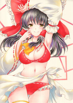 Rule 34 | 1girl, ascot, bikini, black hair, bow, breasts, collar, cowboy shot, detached collar, detached sleeves, frills, green eyes, hair tubes, hakurei reimu, highres, large breasts, long hair, looking at viewer, marker (medium), midriff, navel, nontraditional miko, red bikini, red bow, sarong, saya pr, shapes, smile, solo, stomach, swimsuit, thigh strap, touhou, traditional media, white background, white collar, white sarong, white sleeves, yellow ascot