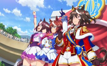 3girls ahoge animal_ears arm_up ascot award_ribbon black_gloves black_hair black_tail blue_cape blue_eyes blue_gloves blue_ribbon bow braid breasts brown_hair brown_tail cape capelet closed_mouth collared_jacket collared_shirt compass crown ear_ornament ear_ribbon ear_through_crown epaulettes female_focus flat_chest fur-trimmed_cape fur_cape fur_trim gloves hair_bow highres horse_ears horse_girl horse_tail jacket kitasan_black_(final_bloom)_(umamusume) kitasan_black_(umamusume) kneehighs large_breasts layered_skirt legs long_sleeves medium_hair military_uniform miniskirt multicolored_hair multiple_girls official_alternate_costume official_art open_mouth pink_ascot pink_bow pleated_skirt ponytail puffy_short_sleeves puffy_sleeves purple_eyes purple_ribbon purple_vest purple_wrist_cuffs red_cape red_capelet red_eyes red_jacket ribbon sash scan shirt shirt_under_vest short_sleeves shorts shoulder_sash skirt small_breasts smile socks special_week_(special_dreamer)_(umamusume) special_week_(umamusume) streaked_hair tail teeth thighhighs thighs tokai_teio_(peak_joy)_(umamusume) tokai_teio_(umamusume) twintails two-tone_cape two-tone_hair umamusume vest white_ascot white_gloves white_jacket white_shirt white_shorts white_skirt white_streaks white_thighhighs wrist_cuffs zettai_ryouiki