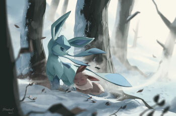 absurdres blue_fur brown_fur creature creature_focus eevee gen_1_pokemon gen_4_pokemon glaceon highres hoishere7 nature nintendo no_humans outdoors pokemon pokemon_(creature) snow tree wind winter