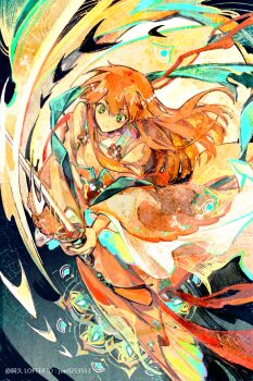 1girl chinese_clothes closed_mouth dress earrings green_eyes hair_ornament hanfu holding holding_sword holding_weapon jewelry long_hair long_sleeves misty_(pokemon) nintendo orange_hair pokemon pokemon_(anime) pokemon_(classic_anime) pokemon_rgby solo sword weapon wide_sleeves