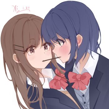 2girls adachi_sakura adachi_to_shimamura black_jacket blazer blue_hair blush bow bowtie brown_eyes brown_hair brown_sweater cardigan chinese_commentary closed_mouth collared_shirt commentary_request eye_contact food food_in_mouth green_eyes grey_cardigan highres jacket long_hair looking_at_another medium_hair multiple_girls parted_lips pocky pocky_in_mouth pocky_kiss qingxu_zhi_dong red_bow red_bowtie school_uniform shared_food shimamura_hougetsu shirt signature simple_background sweater upper_body white_background white_shirt yuri