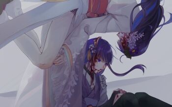 2girls black_thighhighs blood blood_on_clothes blood_on_face blunt_bangs bridal_gauntlets close-up closed_mouth crying crying_with_eyes_open fan_hair_ornament floating flower from_side genshin_impact grey_background hair_ornament hashtag-only_commentary japanese_clothes kimono knees_up light_smile lingerie long_hair long_sleeves looking_at_another makoto_(genshin_impact) multicolored_hair multiple_girls purple_eyes purple_hair purple_kimono raiden_shogun red_sash sad sash siblings sisters spoilers streaked_hair tearing_up tears thighhighs twins underwear upper_body wide_sleeves wisteria yiling206