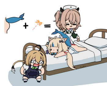 3girls ahoge animal_ear_fluff animal_ears applying_bandaid apron ass bandaid black_hair blonde_hair blue_hair brown_hair chibi chibi_only contrast_collar dooby dooby_(1st_costume) dress fins fireworks fish_girl fish_tail gloves green_dress hat highres indie_virtual_youtuber jerboa_tail laughing lifebuoy_hair_ornament long_hair long_sleeves low_twintails medium_hair meme multicolored_hair multiple_girls nimi_nightmare nimi_nightmare_(1st_costume) nurse nurse_cap one_side_up open_mouth overalls rash round_collar rounded_collar sameko_saba shirt short_hair simple_background sleeveless streaked_hair tail tapir_ears tapir_girl torororose twintails very_long_hair virtual_youtuber wheeze_comic_(meme) white_apron white_background white_dress white_gloves white_shirt