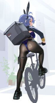 1girl absurdres antenna_hair ass bicycle black_gloves black_pantyhose black_shoes blue_hair blue_leotard commentary flying_sweatdrops gloves half_gloves highres idolmaster idolmaster_million_live! leotard outdoors pantyhose plant potted_plant shoes shrug_(clothing) skirt_caught_on_object sneakers solo tomber toyokawa_fuka uber_eats