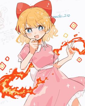 1girl blue_eyes bow commentary_request dress fire hair_between_eyes hair_bow haru-cho highres index_finger_raised looking_at_viewer magic medium_hair mother_(series) mother_2 nintendo open_mouth orange_hair paula_(mother_2) pink_dress puffy_short_sleeves puffy_sleeves red_bow short_sleeves simple_background solo sparkle twitter_username