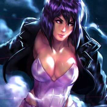 1girl breasts cleavage female_focus ghost_in_the_shell ghost_in_the_shell:_stand_alone_complex jacket kusanagi_motoko large_breasts leotard purple_hair red_eyes short_hair solo the_art_mage