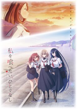 3girls :d absurdres bag black_skirt black_socks blue_hair blue_skirt breasts brown_eyes brown_hair closed_eyes closed_mouth copyright_notice hair_between_eyes hair_ornament hairclip highres key_visual kneehighs loafers long_hair long_skirt multiple_girls neckerchief ocean official_art open_mouth oumi_shiori outdoors pantyhose pleated_skirt promotional_art red_eyes red_hair red_neckerchief sailor_collar school_bag school_uniform serafuku shirt shoes short_hair short_sleeves shoulder_bag skirt sky smile socks sunset very_long_hair walking watashi_wo_tabetai_hitodenashi white_sailor_collar white_shirt yaotose_hinako yashiro_miko