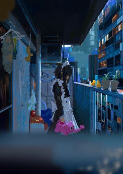 1girl absurdres animal-shaped_watering_can apron balcony black_hair building clothes_hanger commentary condenser_unit english_commentary female_focus flat_chest frilled_apron frills from_side highres holding holding_watering_can koukouya maid maid_apron maid_headdress night original profile railing rain rubber_duck scenery sidelocks watering_can white_apron